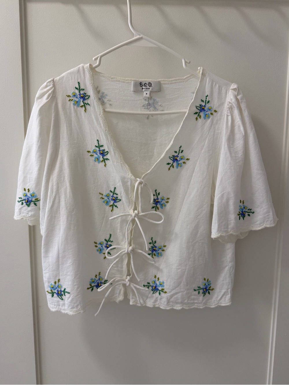 Sea New York White Embroidery Beaded Tie-Front Peasant Top